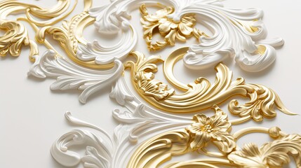 a rich golden baroque ornament delicately engraved on a pristine white background, showcasing the intricate details and lavish curves of the design to evoke a sense of opulence and sophistication.