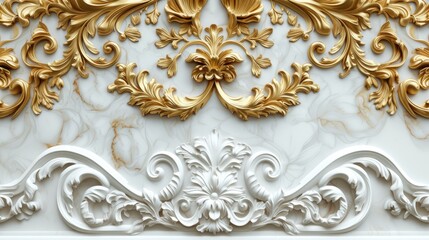 a rich golden baroque ornament delicately engraved on a pristine white background, showcasing the intricate details and lavish curves of the design to evoke a sense of opulence and sophistication.