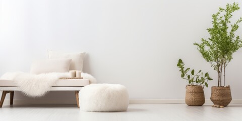 Botanical decor and white room with boar fur