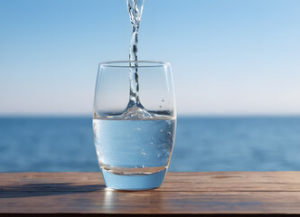 A refreshing glass of water against the backdrop of pure nature, mountains and lake