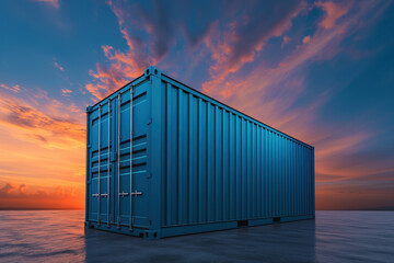 Shipping container at sunset by the sea