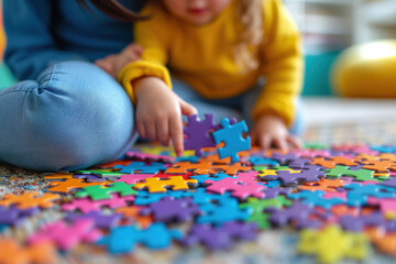 Close-up of child's hands with colorful puzzle pieces