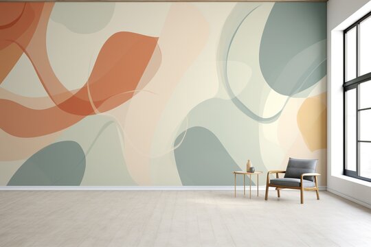 Abstract shapes in muted colors on a minimalist wallpaper, offering a contemporary and artistic focal point for the room