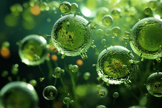 A microscopic view of algae cells, highlighting the potential for biofuel production from algae and its contribution to sustainable energy. Generative Ai.