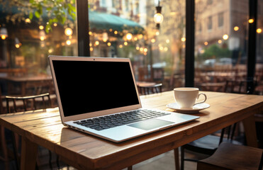 a laptop with blank black screen on a wooden table while drinking coffee