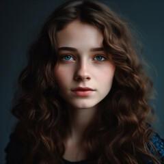 Naklejka premium portrait of a brown-haired woman with wavy hair and blue eyes, close-up
