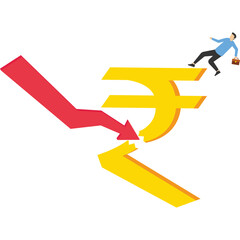 Indian Financial Crisis. rupiah currency crisis. Monetary policy crisis. Indian economic depression. A businessman tries to prop up a falling rupee symbol. vector illustration on a white background