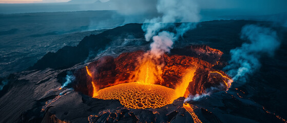 A captivating aerial drone view capturing the eruption of a lava volcano crater