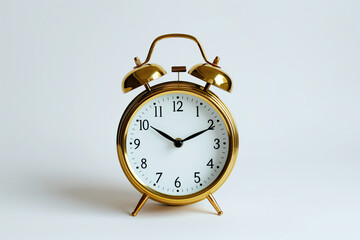Classic alarm clock on light background. Vintage desktop clock, morning time, timer with bell. Minimalistic background, concept of time, time to work, deadline, countdown.