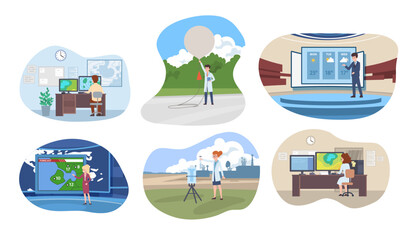 Forecasters and meteorological scientists, set of vector illustrations