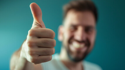 A man likes a turquoise background. Smiling handsome young man giving thumbs up and looking at camera.