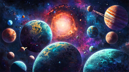 Watercolor Cosmic Planets Space Nebula Wall Art Wallpaper AI generated