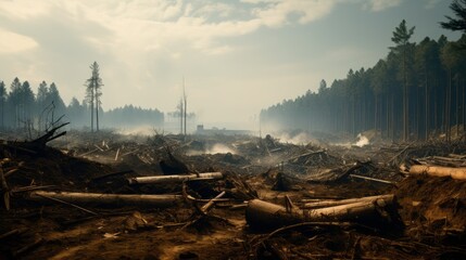 The cut down forest. Deforestation for arable land. felled tree trunks. Conservation of nature. prohibition of cutting down trees.