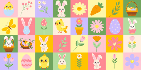 Easter icons elements with geometric pattern. Bauhaus style. Vector flat design for poster, card, wallpaper, poster, banner, packaging. Rabbit, flower, chick, egg, basket.