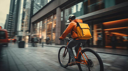 Urban delivery cyclist with vivid orange backpack riding through city streets, exemplifying fast-paced courier service.