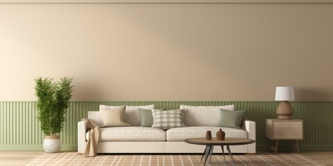 Elegant and outstanding minimalist space with beige sofa, boucle rug, vase, green plaid, decoration, and personal accessories. Beige wall. Home decor. Template.