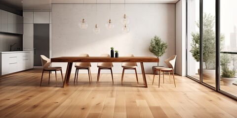 Stylish and cozy design home with craft oak wooden table, chairs, and modern floor. Template.