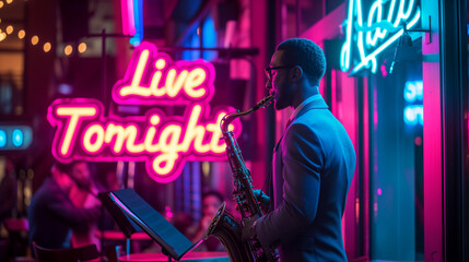 A male jazz musician plays the saxophone in a vibrant neon-lit cafe  with bokeh effect in the background and glowing sign Live tonight