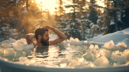 A beautiful young bearded man with eyes closed immersed  in ice bath, surrounded by nature and glowing sunset.