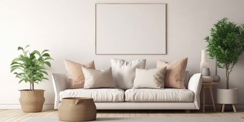 Cozy living room with mock up poster, sofa, carpet, pillow, pouf, vase, decor.