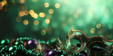 Mardi Gras carnival mask and beads on green background with bokeh lights, copyspace - obrazy, fototapety, plakaty