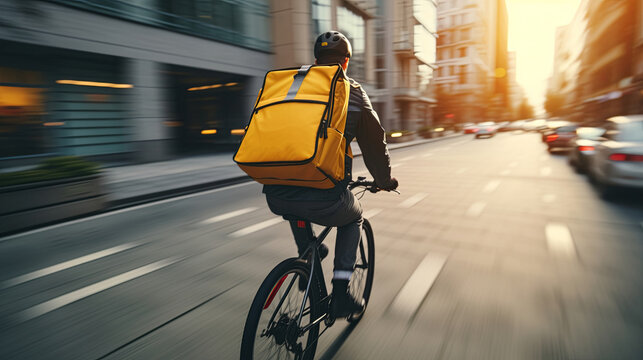 A fast-moving delivery rider bikes down a city street with a bright yellow food delivery bag.