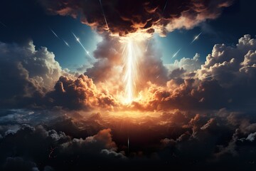 minimalistic design Resurrection - Light Cross Shape In Clouds - Risen - Jesus Ascends to Heaven Scene - obrazy, fototapety, plakaty