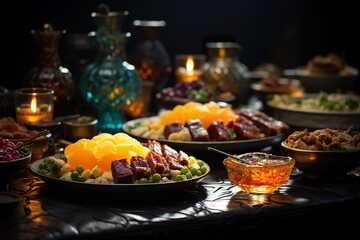 minimalistic design Setup of the iftar buffet during Ramadan, - obrazy, fototapety, plakaty