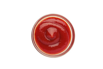 Small glass condiment bowl of red tomato sauce ketchup isolated on white background.