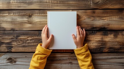 a child's hands delicately holding a book on a wooden table background, with the book open to a blank page, inviting mockup opportunities in a minimalist style.