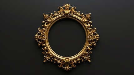 Fototapeta premium Vintage gold round picture frame on a black background. Classic antique golden picture frame 