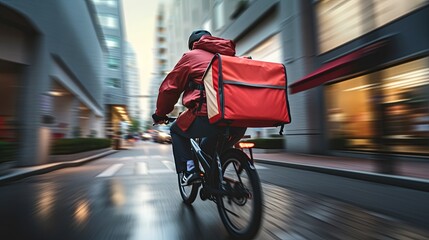 Dynamic image of a blur-speed food delivery cyclist with a conspicuous red insulated backpack riding through an urban street.