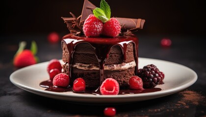 Gourmet Chocolate Cake With Ganache Raspberries on a Plate