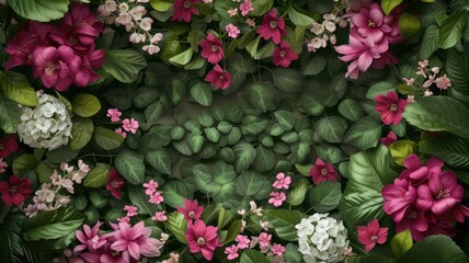 Fototapeta premium pink flowers nestled within a square frame, accentuated by lush green leaves, with ample copy space to convey a message of freshness and elegance.