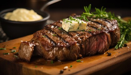A grilled Steak with garlic butter on a Cutting Board With a Side of Mashed Potatoes
