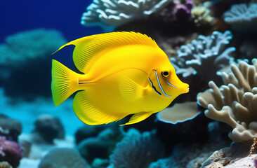 Yellow tang fish on coral reef.