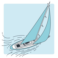 Line illustration of a sailboat sailing through the sea with blue tone and shadow