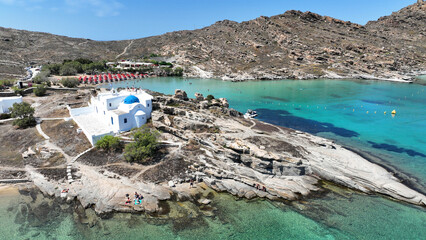 Aerial drone photo from famous small organised beach of Monastiri in the gulf of Naousa, Paros...