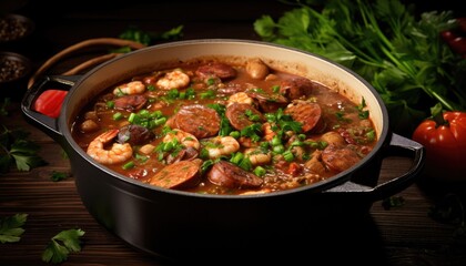 A Pot of Stew Gumbo With Shrimp and Vegetables