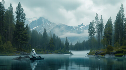 Robot fishing by the lake