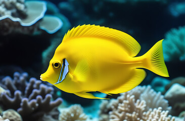 Yellow tang fish on coral reef.