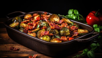 Fototapeta premium Pan of Brussels Sprouts With Bacon