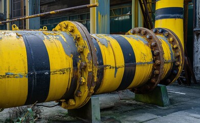 Weathered industrial pipe with yellow and black stripes showing signs of rust and age, set against an old factory backdrop