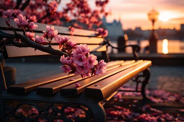 minimalistic design Sunrise in Hamburg with Cherry Blossoms. High quality photo