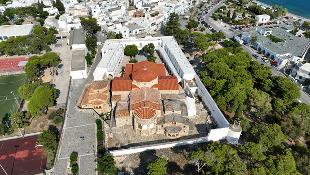 Aerial drone photo of famous Byzantine monastery of Ekatontapyliani in main village of Paros island, Parikia, Cyclades, Greece