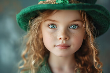 Cute little girl wearing in a St Patrick's day hat against a green background. - obrazy, fototapety, plakaty
