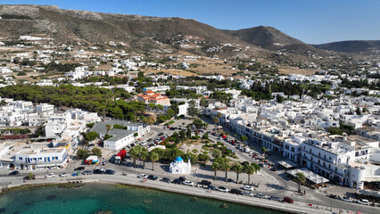 Aerial drone photo of famous Byzantine monastery of Ekatontapyliani in main village of Paros island, Parikia, Cyclades, Greece