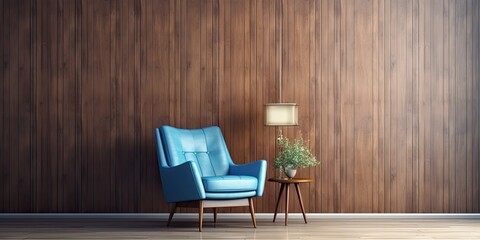 Wood panels and a blue chair in a mid-century modern living room.