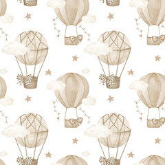 Watercolor seamless pattern with beige hot air balloons.Vintage hand drawn illustration on white background