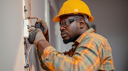 An electrician at work. Focused electrician working on the intricate wiring of the socket.